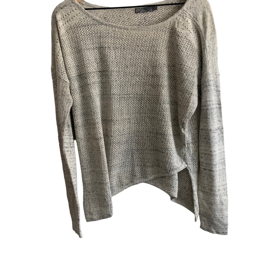 Prana Grey Asymmetrical‎ Hem Open Knit Organic Cotton Crewneck Sweater